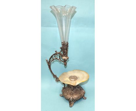 A Victorian WMF plated epergne with mother-of-pearl shell dish and glass flute, 57cm high, (shell damage), a WMF plated spill