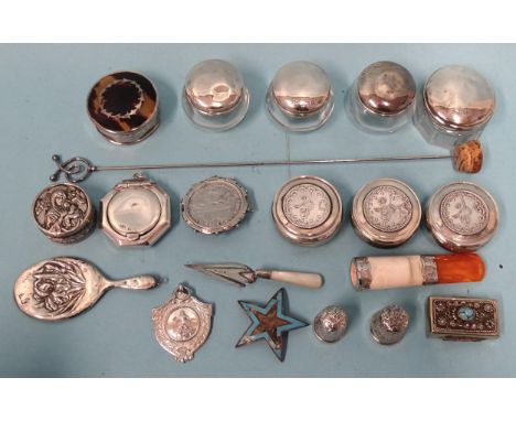 A Charles Horner silver-topped hat pin, a miniature silver-backed mirror, a miniature silver compact, an 1893 USA Columbian E