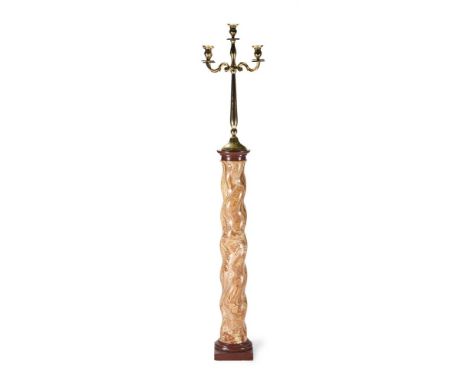 AN ALABASTER AND ROUGE MARBLE SOLOMONIC COLUMN 19TH CENTURY PROBABLY ITALIAN With a modern gilt metal five light candelabrum 