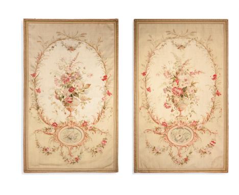 A PAIR OF AUBUSSON TAPESTRY PANELS 19TH CENTURY Each woven with a swag of flowers and pendant ribbons suspending a floral bou