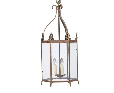 A GILT BRASS HALL LANTERN IN REGENCY STYLE, 20TH CENTURY Hexagonal form with three light fitment, acroteria mounts 90cm high 