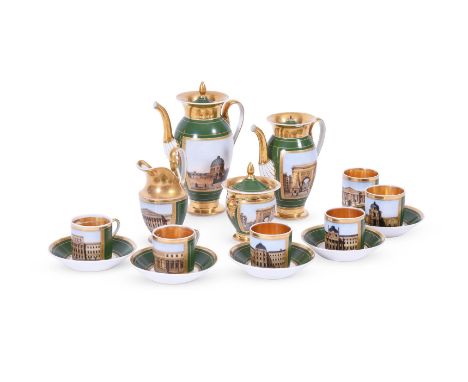 A PARIS PORCELAIN GREEN-GROUND AND GILT TOPOGRAPHICAL PART COFFEE SERVICE CIRCA 1830 All decorated with named Parisian archit