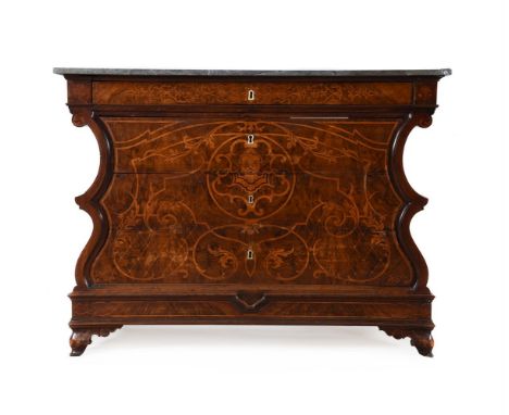 Y A CONTINENTAL WALNUT AND MARQUETRY COMMODE SECOND HALF 19TH CENTURY With grey variegated marble top99cm high, 130cm wide, 6