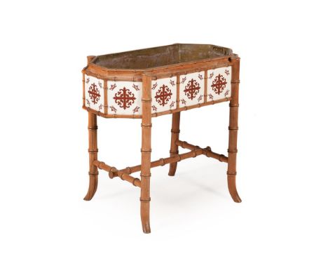 A VICTORIAN SIMULATED BAMBOO JARDINIERECIRCA 1860The octagonal basin fitted with a liner, set with ceramic tiles with crucifo