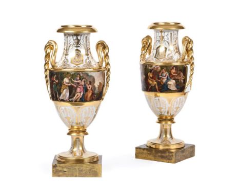 A PAIR OF PARIS PORCELAIN TWO-HANDLED VASESCIRCA 1830Each decorated with a band of classical figures in a landscape, within e