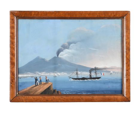 NEAPOLITAN SCHOOL, CIRCA 1830-1850  NAPLES BAY VIEW, PADDLE STEAMER WITH VESUVIUS IN THE DISTANCE  Gouache Maple framed and g