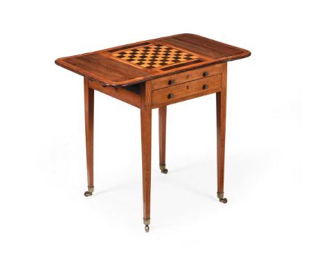 Y A GEORGE III ROSEWOOD AND SATINWOOD GAMES TABLECIRCA 1790The sliding top with a chequerboard to the revers, enclosing backg