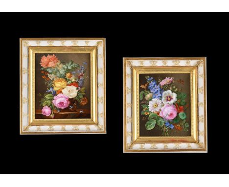 A NEAR PAIR OF NAPOLEON III PARIS PORCELAIN PLAQUES, ONE SIGNED AND DATED E. GIRBAND 1857 MID 19TH CENTURY Painted with bouqu