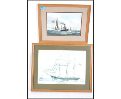 Vincent Neave: An original watercolour painting of a vintage steamboat on the ocean with sail boats to the background along w