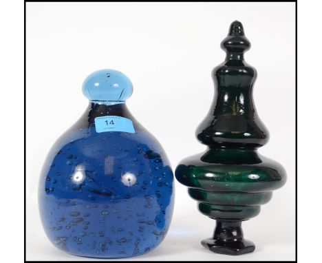 A large end of day blue dump glass with air bubble inclusions and finial to top along with what appears to be a good large gl