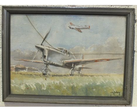 20th century, 'British Aircraft in Flight', sepia, indistinctly-signed, 23.5 x 31cm, another of a British twin-engine aircraf