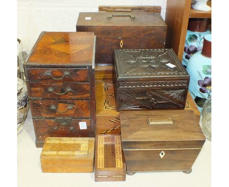 An inlaid wood writing box, (slope lacking), 39.5cm wide, an inlaid jewellery box with inner tray, 30.5cm, a mahogany tea cad