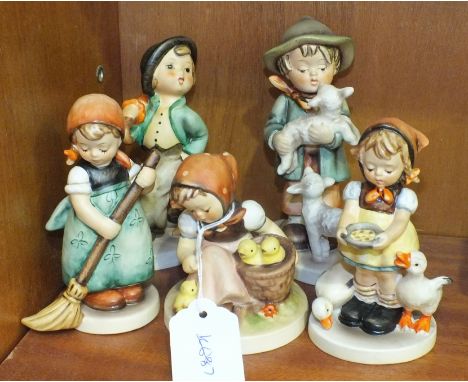 A collection of five Goebel figures, 'Shepherd's Boy', 13.5cm, 'Chick Girl', 9cm, 'Little Sweeper', 11.5cm, 'Strolling Along'