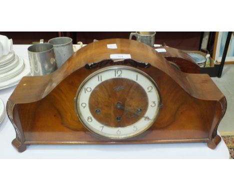 A Juba mahogany case chiming mantel clock, 21.5cm high, (a/f), one other timepiece, a vintage wooden servant's bell box, 37.5