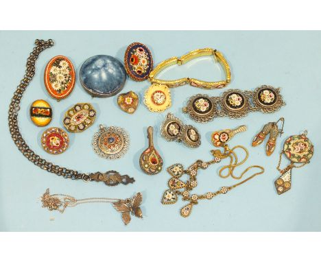 A Kensington Art Ware silver-mounted ceramic brooch, a micro-mosaic fringe necklace and other 20th century micro-mosaic jewel