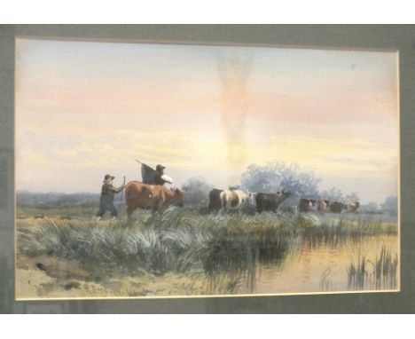 R Embury, 'Cattle being driven by a stream', signed watercolour, 24 x 38.5cm, M Kemp-Welch, 'Tree-lined meadow', signed water