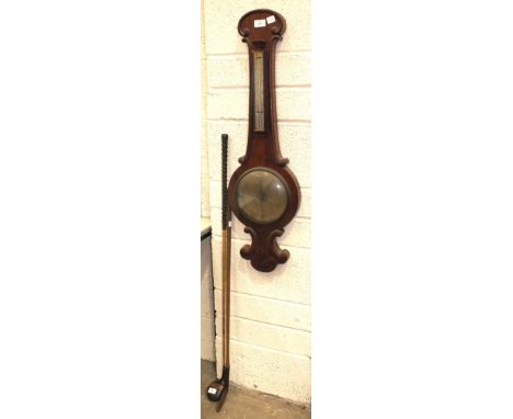 A 19th century mahogany barometer/thermometer, 90cm, (af), a wooden golf club and a putting iron, (3).