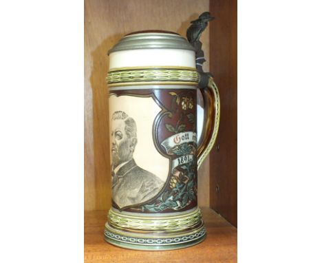 A Mettlach etched and printed portrait decorated stoneware stein, impressed No. 1997 and Hopfen U Malz Gott Erhalt's 1866-189