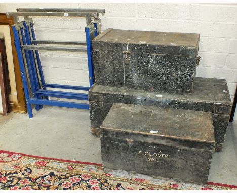 Three stained wood tool boxes, various hand tools, two Workzone folding stands, etc.