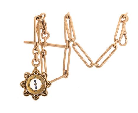 ALBERT CHAIN, with dog clip and T-Bar, in nine carat gold, with an attached yellow metal compass fob, unmarked37cm long inclu