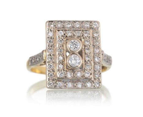 ART DECO STYLE DIAMOND CLUSTER RING, IN TWENTY ONE CARAT GOLD  with two round diamonds raised above two stepped oblong rows o