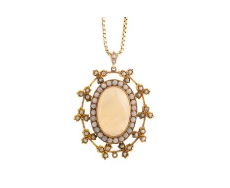 OPAL AND PEAL PENDANT, IN NINE CARAT GOLD  with a large oval opal in a surround of smaller opals within seed pearl set leaf d