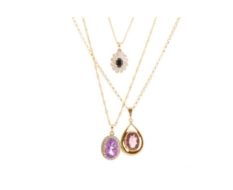 SAPPHIRE AND DIAMOND PENDANT ON CHAIN, AND TWO OTHERS the sapphire and diamond pendant in nine carat gold and on a nine carat