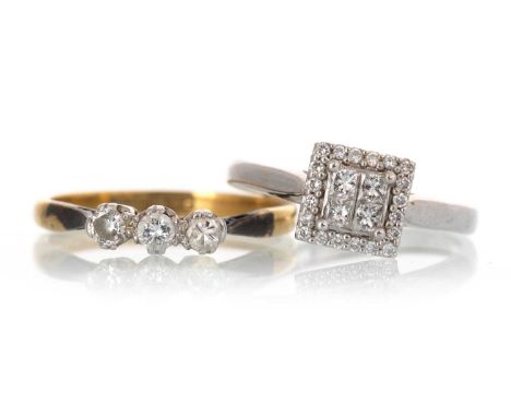 TWO DIAMOND DRESS RINGS, one a diamond tile ring set with diamonds totalling approximately 0.26 carats, in eighteen carat whi