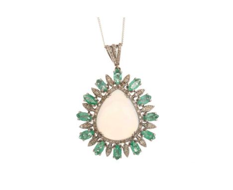 GEM SET PENDANT, set with a central pear cabochon opal within an emerald and diamond mount, in silverOpal in good condition. 