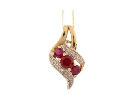 RUBY AND DIAMOND PENDANT, set with three round rubies flanked by a small diamond on either side, in nine carat goldAll stones