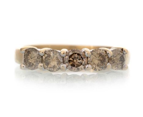 COGNAC DIAMOND FIVE STONE RING, set with round brilliant cut diamonds totalling approximately 1.00 carat, in nine carat gold,