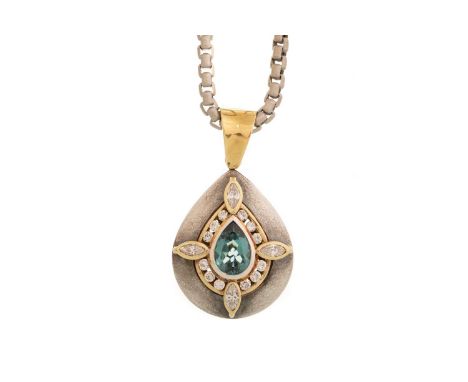 TOURMALINE AND DIAMOND PENDANT, the pendant of teardrop form, set with a central tourmaline and surrounded by sixteen diamond