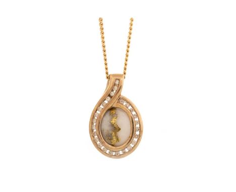 AGATE AND DIAMOND PENDANT ON CHAIN AND A PAIR OF EARRINGS, IN NINE CARAT GOLD the pendant set with an oval white and gold aga