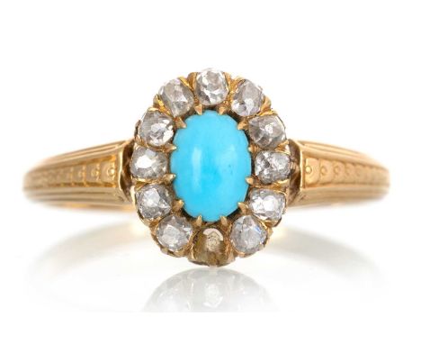 VICTORIAN TURQUOISE AND DIAMOND CLUSTER RING, UNMARKED  the cabachon oval turquoise in a surround of Old Mine diamonds, one s