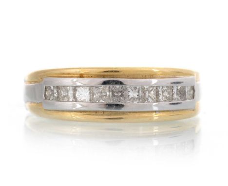 DIAMOND HALF ETERNITY RING, set with a row of ten princess cut diamonds, in two colour eighteen carat gold, size M Qty: 9.91g