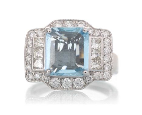 AQUAMARINE AND DIAMOND RING, set with a step cut aquamarine of approximately 2.45 carats, flanked by round and princess cut d