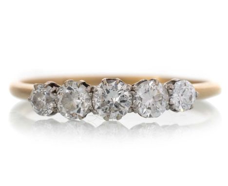 DIAMOND FIVE STONE RING, set with Old European cut diamonds totalling approximately 1.00 carat, unmarked, size VQty: 2.4g