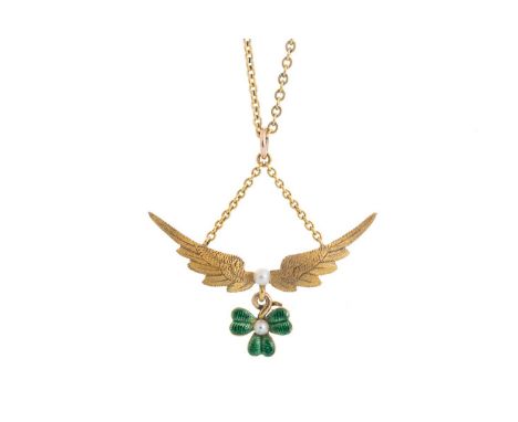OPAL AND SEED PEARL HOLBEIN, indistinctly marked, along with a gold plated enamel necklet