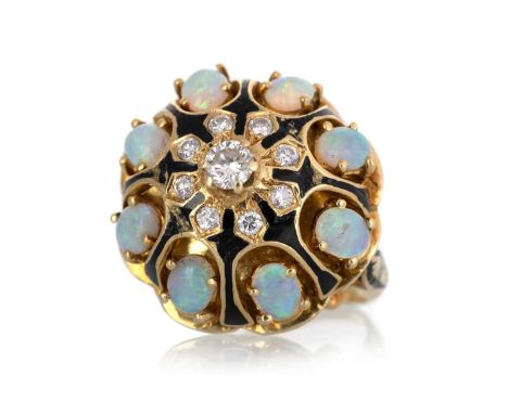 OPAL AND DIAMOND BOMBE RING, set with round brilliant cut diamonds totalling approximately 0.35 carats, the mount decorated w