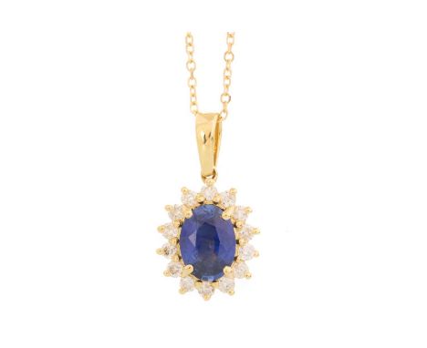 SAPPHIRE AND DIAMOND PENDANT, set with central oval sapphire within a halo of diamonds, in eighteen carat gold