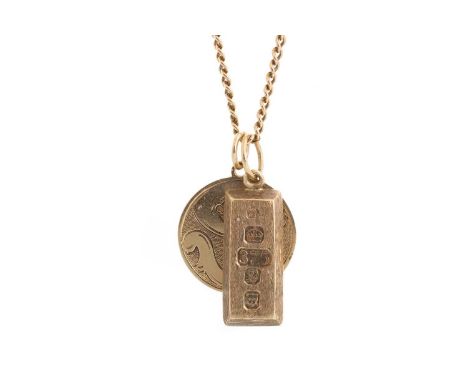 INGOT PENDANT ON CHAIN, IN NINE CARAT GOLD  the chain formed with a row of flat curblinks, along with an unmarked disc pendan