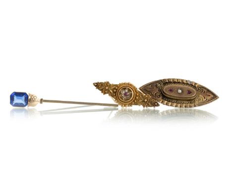 SAPPHIRE AND DIAMOND STICK PIN, ALONG WITH THREE OTHER BROOCHES comprising two Victorian brooches and a paste bar brooch, chi