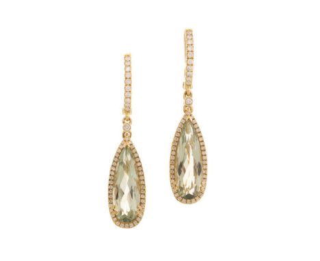 PAIR OF PRASIOLITE AND DIAMOND EARRINGS, set with teardrop prasiolite stones within a halo of diamonds, the hoops also set wi