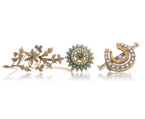 THREE PEARL BROOCHES, including a horseshoe example set with a small diamond and a turquoise and seed pearl brooch along with
