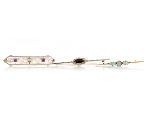 RUBY AND DIAMOND FILIGREE BROOCH, ALONG WITH TWO OTHERS the filigree brooch of rectangular form, the others comprising a gold