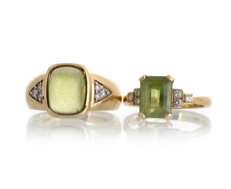 TWO PERIDOT AND DIAMOND RINGS, each in eighteen carat goldQty: 11.4g grossWell worn. Cabochon stone heavily abraded. The othe
