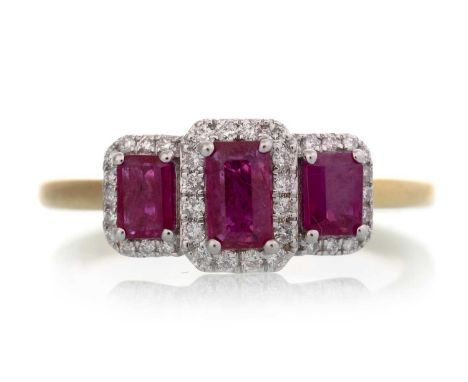 RUBY AND DIAMOND RING, set with three step cut rubies within a diamond border, in eighteen carat gold, size MQty: 3g