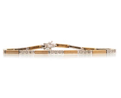 DIAMOND BRACELET, IN NINE CARAT GOLD  set with small round diamonds spaced with yellow gold barsQty: 7.9g