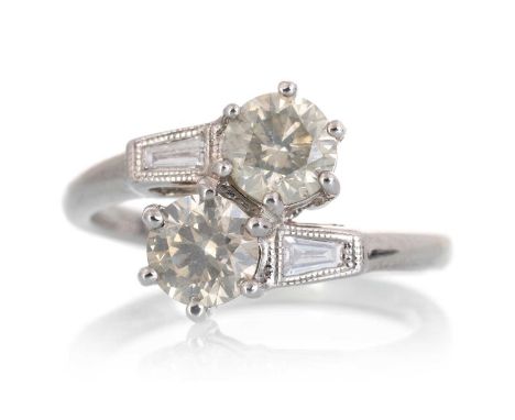 CERTIFICATED DIAMOND TWO STONE RING, set with round brilliant cut diamonds totalling approximately 1.32 carats, each flanked 