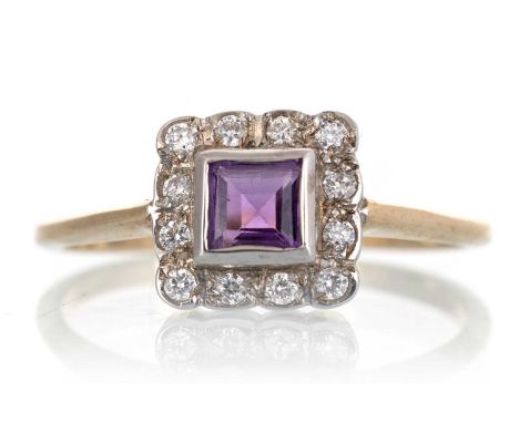 AMETHYST AND DIAMOND RING, set with a central amethyst within a halo of diamonds, unmarked, size MQty: 1.6g